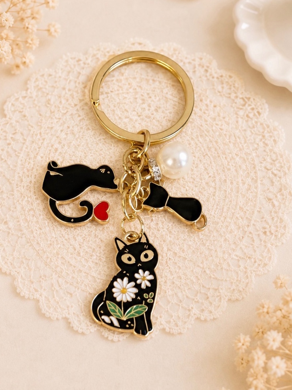 Bag Charm/Keyring-Black Enamel Kitty Charm-Gold Hardware-NWOT